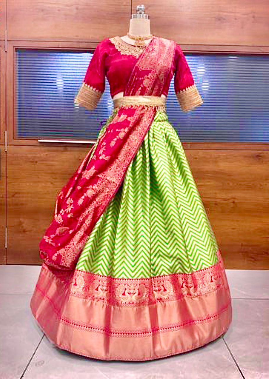 Pink-Green Art Silk Check Pattern Zari Woven Banarasi Half Saree Style  Lehenga Choli with Dupatta | Exotic India Art
