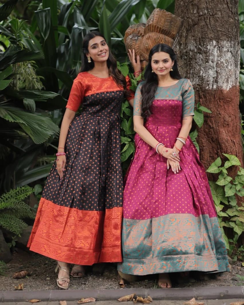 Banarasi silk dress @karthikadesignstudio call or whatsapp at 09483056990  to place the order | Long gown design, Frock for women, Kids designer  dresses