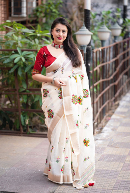 Soft ivory linen saree