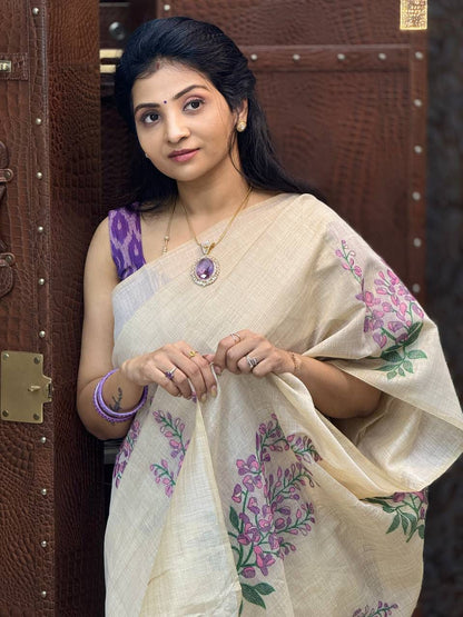 Plain linen saree