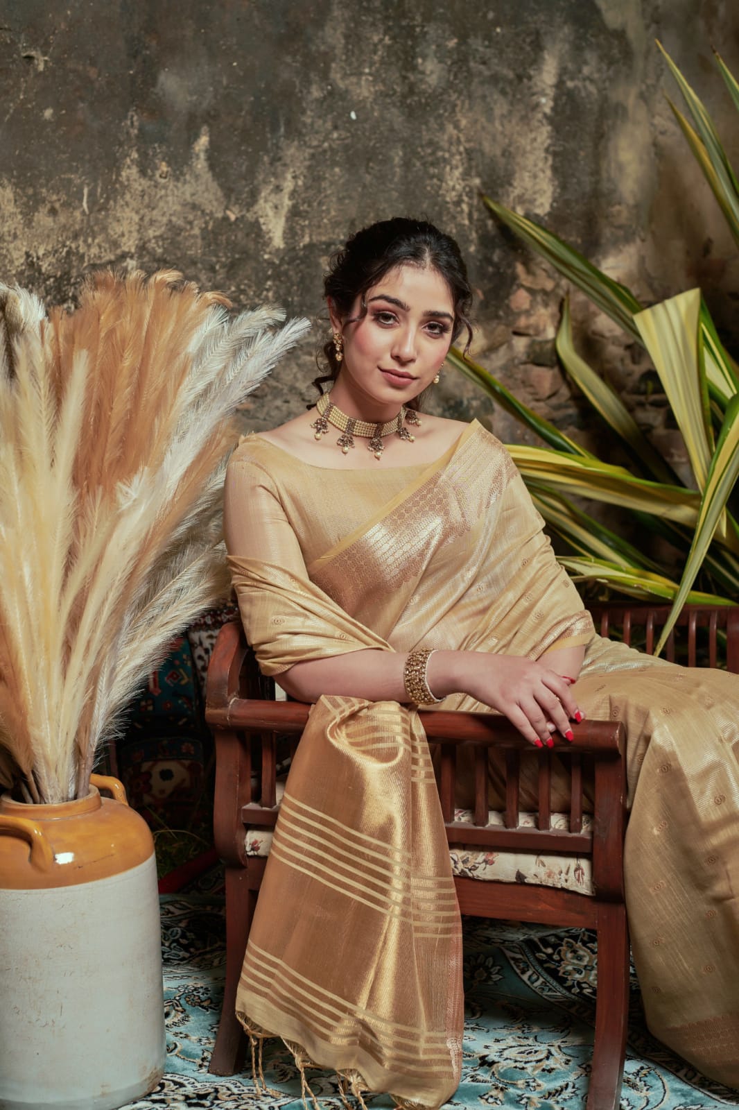 Maheshwari Tissue Silk Saree Golden Beige Color with running blouse -  IndieHaat – Indiehaat.com